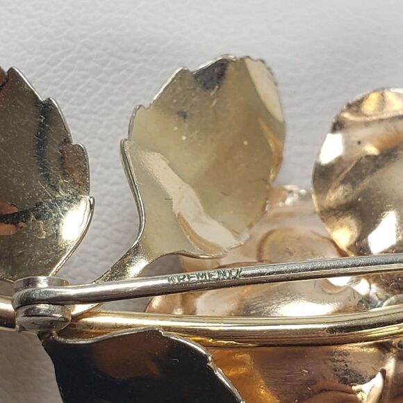 Vtg 1940's Krementz Signed Two Tone Gold Filled Rose Roses Brooch Pin 2.25" long - Picture 11 of 15